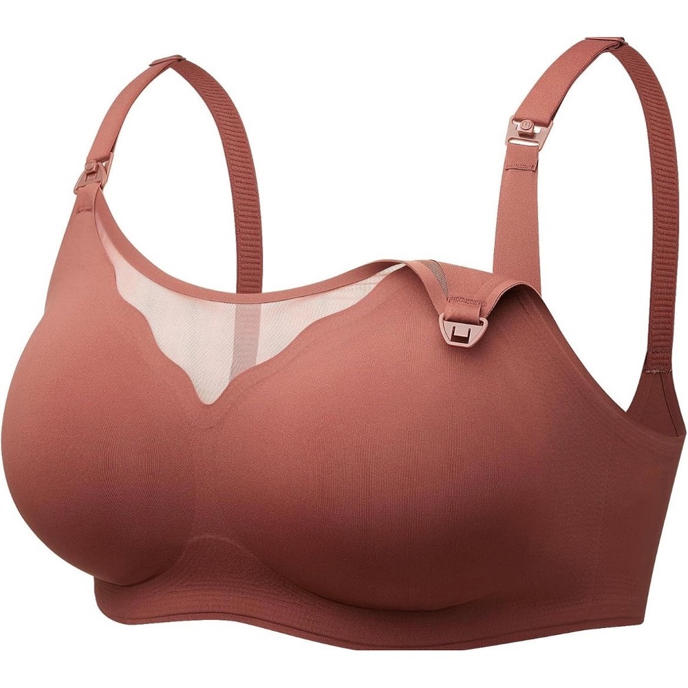 Momcozy Seamless Nursing Bra Terracotta Mesh V-Neck Wireless Breastfeeding Small